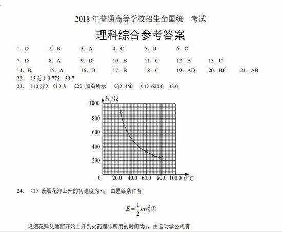 2018湖南高考理综试卷真题及答案